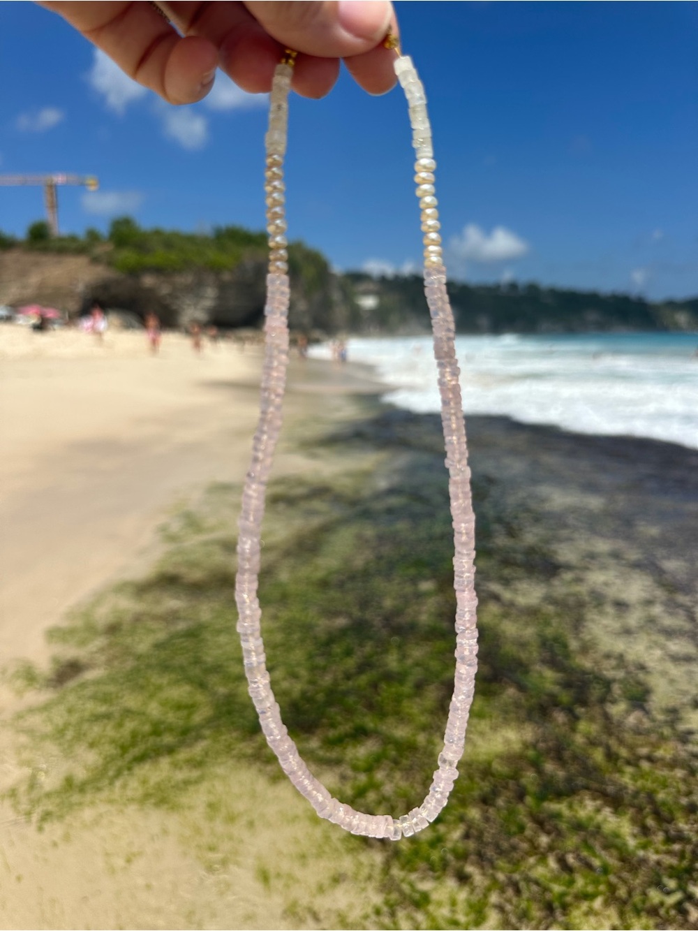 Pale Pink Rose 🌹 Quartz Crystal, Pearl & Moonstone Gold Accent Necklace